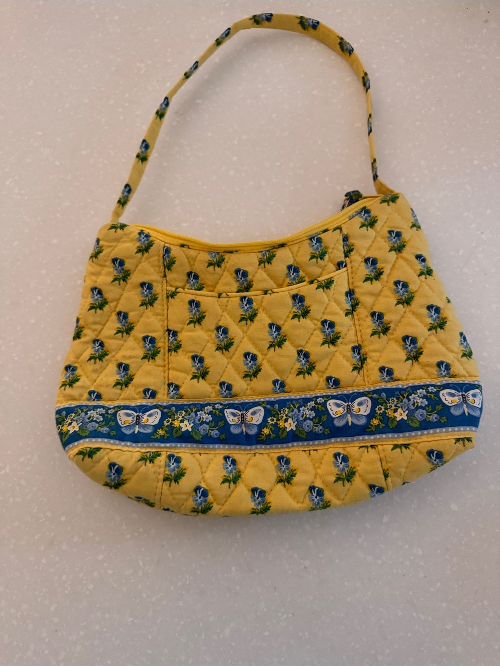 Vera Bradley Yellow Quilted Shoulder Bag with Blue Floral and Butterfly Trim